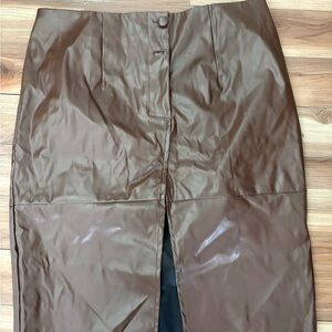 SHEIN Brown Faux Leather High-Waist Pencil Skirt with Front Slit